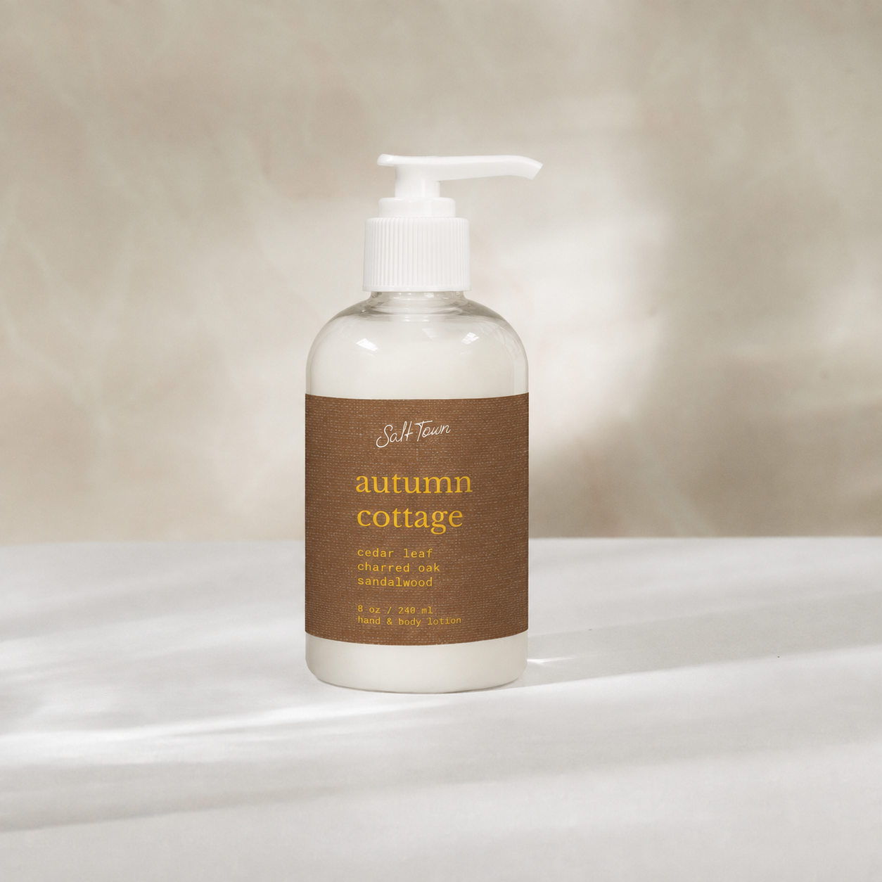 saddle pump lotion bottle with autumn cottage label