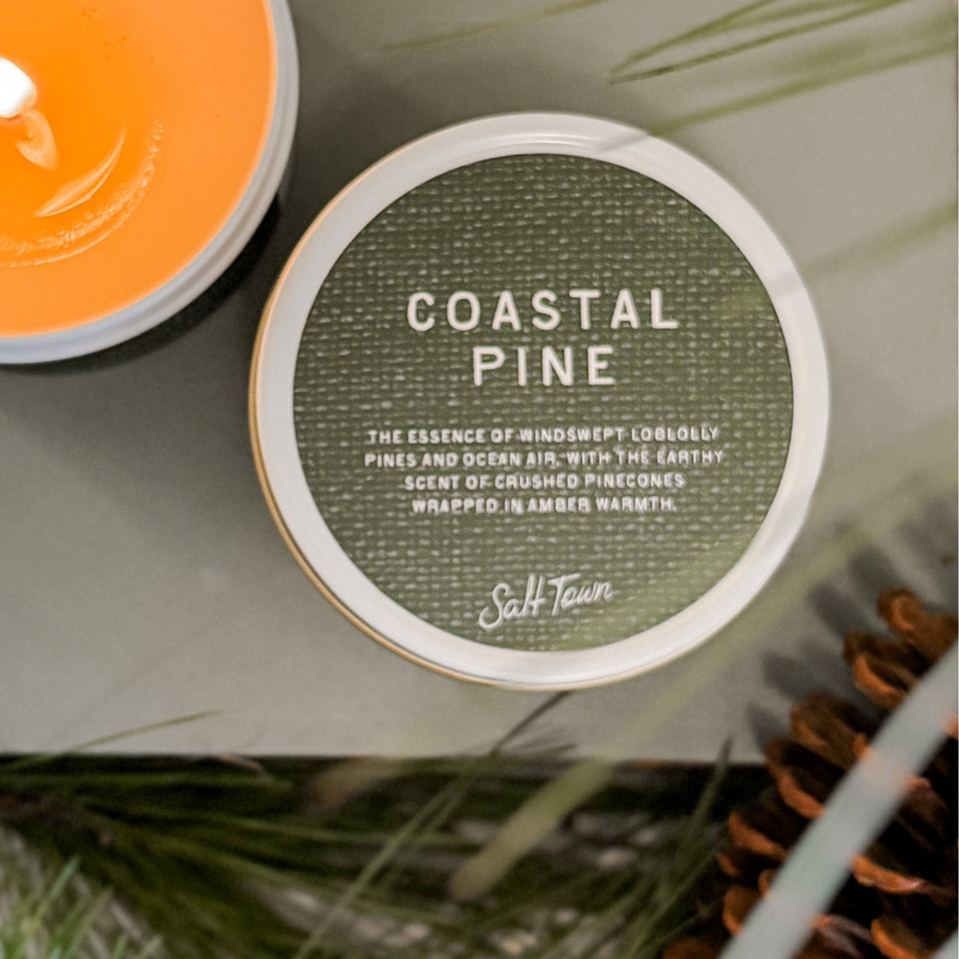 Coastal Pine candle label with green background and white text, surrounded by natural elements.