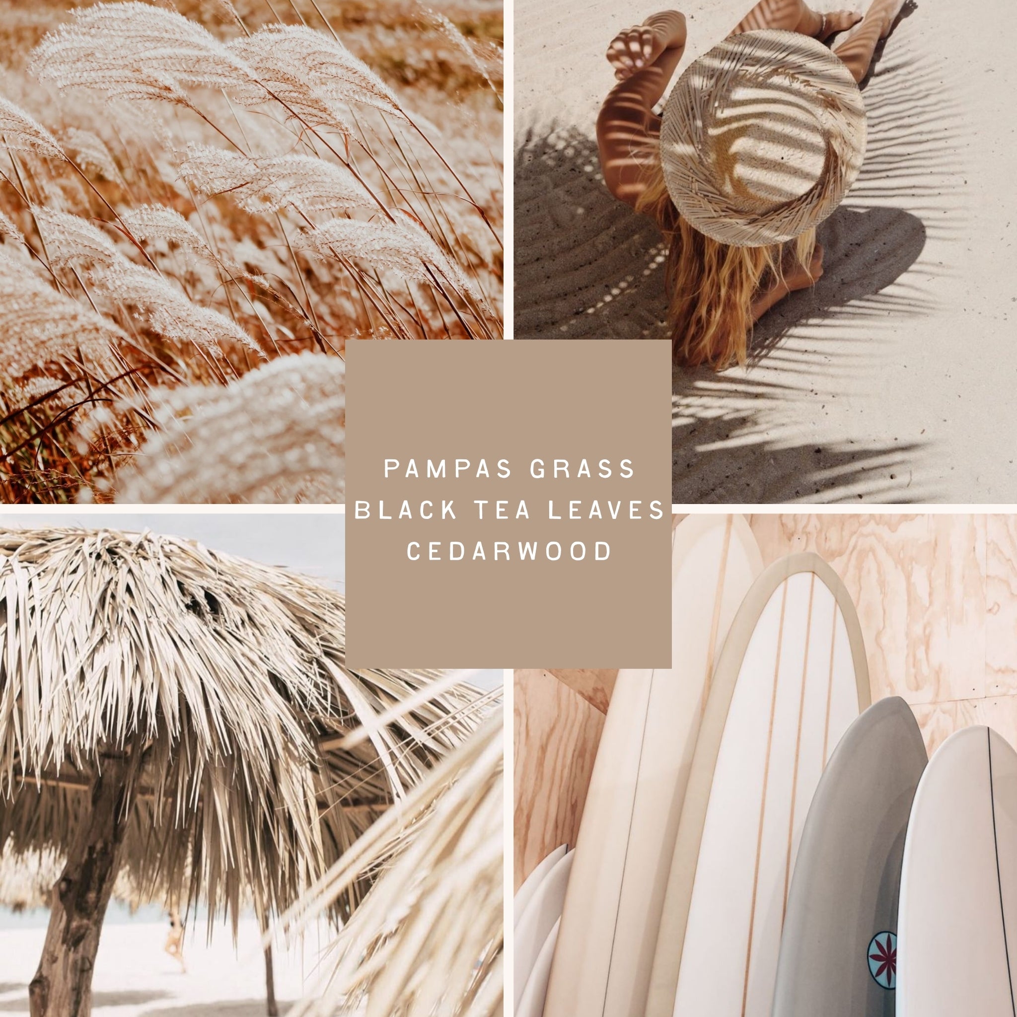 A warm, earthy collage evoking the Rattan Palm scent: golden beach grass swaying near the shoreline, a woman lounging under palm shadows with a woven sunhat, a thatched beach hut made of dried palm fronds, and a row of surfboards against a wood-paneled wall. The imagery captures a laid-back, coastal lifestyle with natural textures, sun-faded tones, and the grounding calm of a beach-inspired scent.