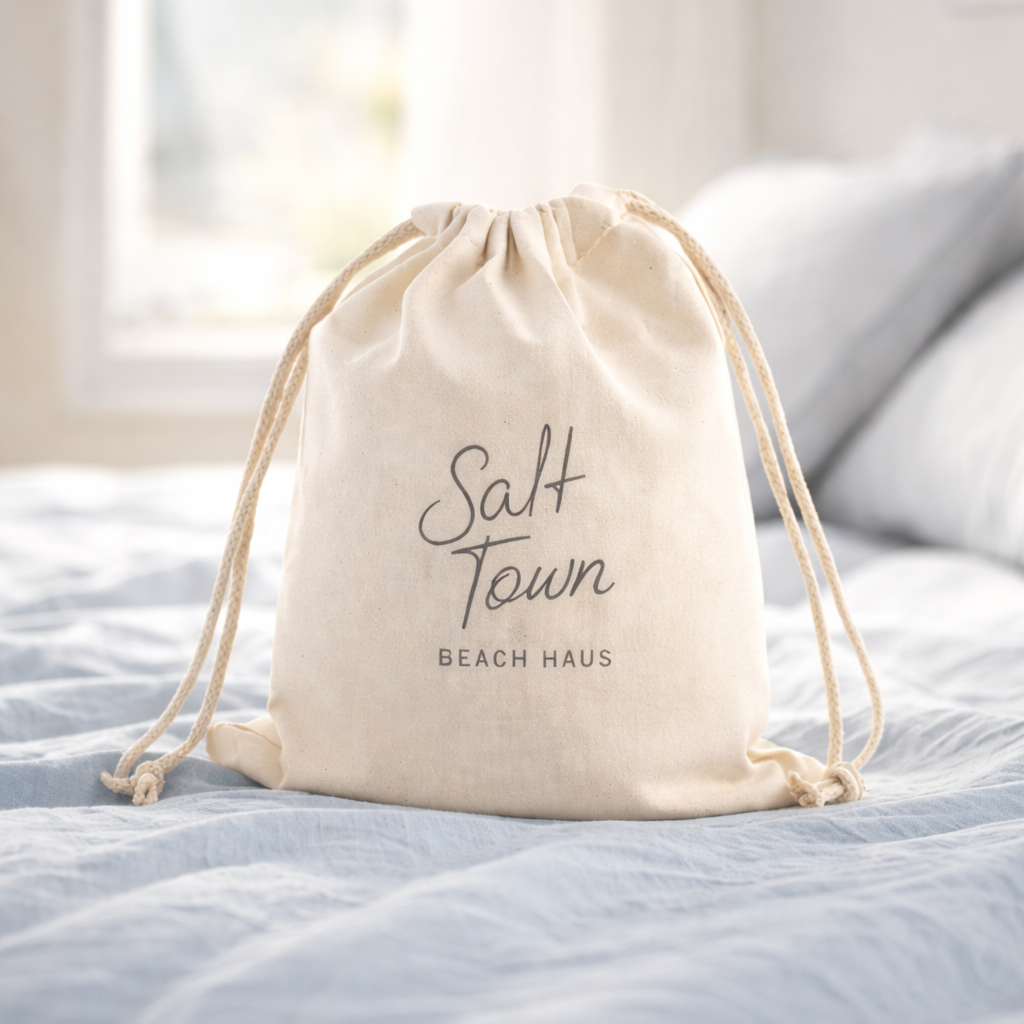 Beige drawstring bag with &