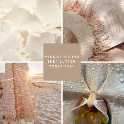 A warm, sun-kissed collage evoking the Endless Summer scent: whipped shea butter, a woven sun hat resting on a soft pink beach blanket with an open book, a fringed coastal towel glowing in golden hour light on sandy dunes, and a close-up of a dewy vanilla orchid bloom. The imagery blends creamy, floral, and beachy textures to reflect a relaxing, indulgent summer mood.