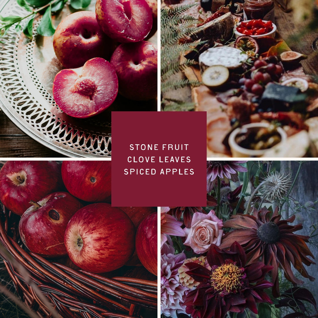 Salt Town Harvest candle mood board featuring ripe stone fruit on a silver tray, a rustic autumn charcuterie board, a basket of red apples, and a bouquet of deep burgundy flowers. Evokes cozy fall gatherings with spiced apples, clove leaves, and warm seasonal abundance.